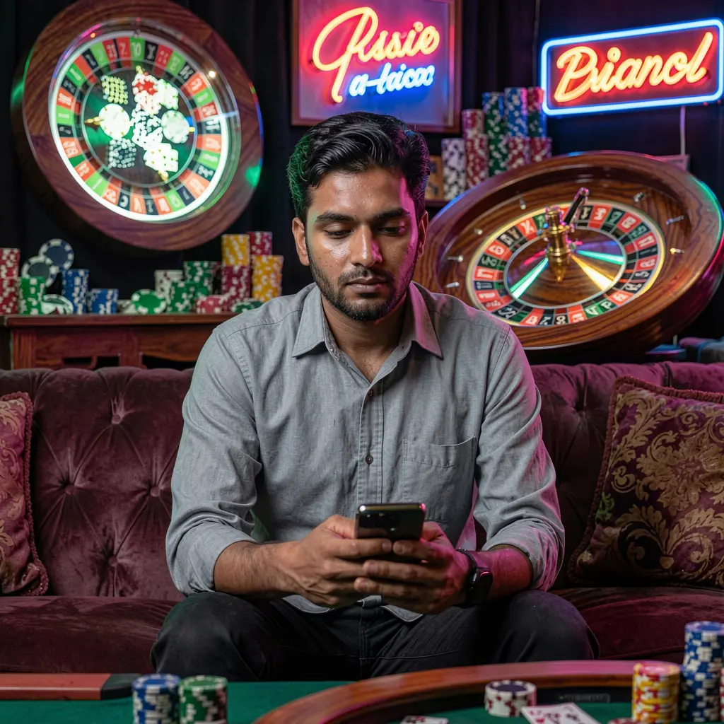 Bangladeshi player relaxing on a sofa while using the 9L999 casino app surrounded by glowing roulette wheels poker chips and neon casino visuals