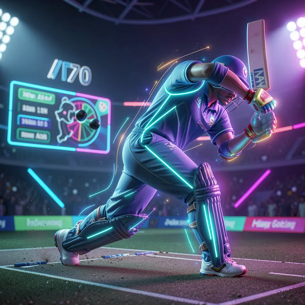 Neon cricket player silhouette in dynamic batting pose representing futuristic sports betting on 9L999 in Bangladesh