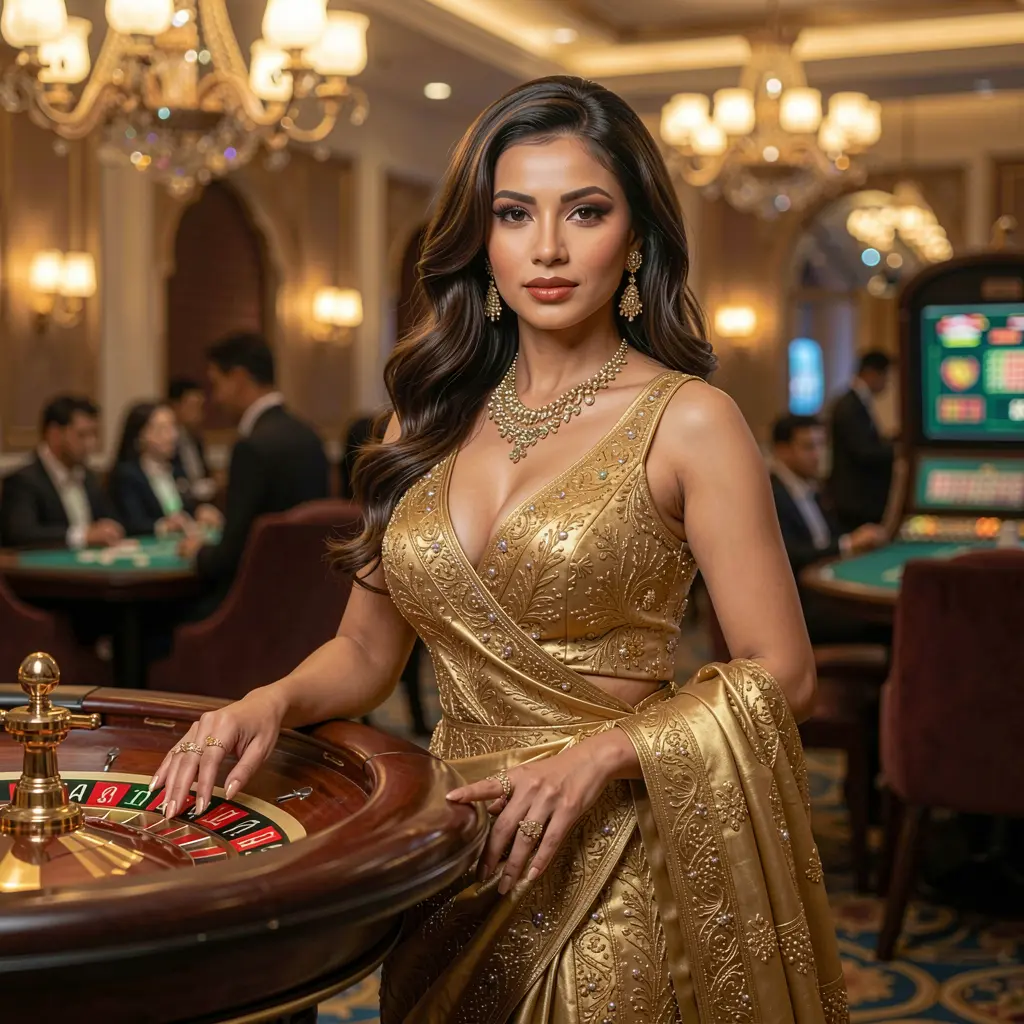 Elegant live casino scene with a glamorous dealer in a golden dress standing by a roulette table at 9L999, showcasing luxury gaming entertainment for players in Bangladesh