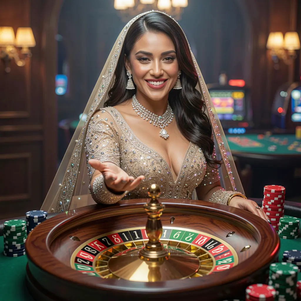 Stylish Bangladeshi casino hostess surrounded by glowing roulette numbers and chips inviting players to enter the 9L999 platform