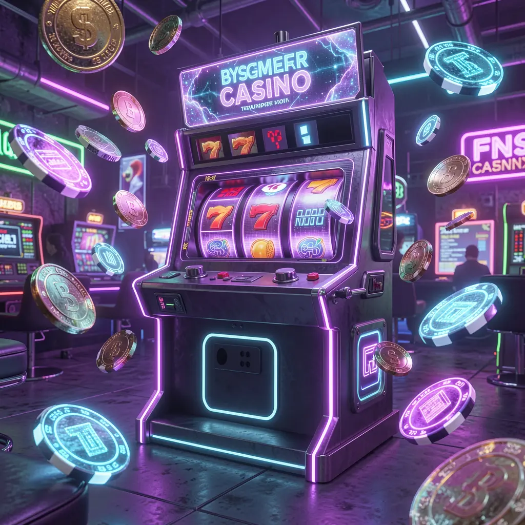 Futuristic slot machine with glowing reels and floating digital coins showcasing the high tech casino experience of 9L999 for players in Bangladesh
